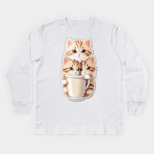 Cute Kittens With A Cup Of Milk Tea Kids Long Sleeve T-Shirt